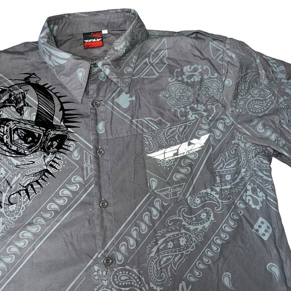 Fly Racing Y2K graphic Button Up Shirt Mens size large Gray Moto BMX dice - Picture 3 of 8